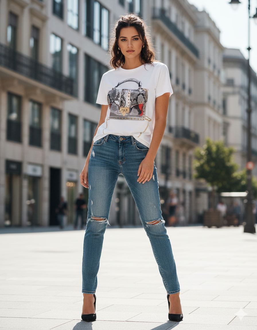 Camiseta "Luxury Bag" con Estampado Fotográfico y Relieve de Cristales