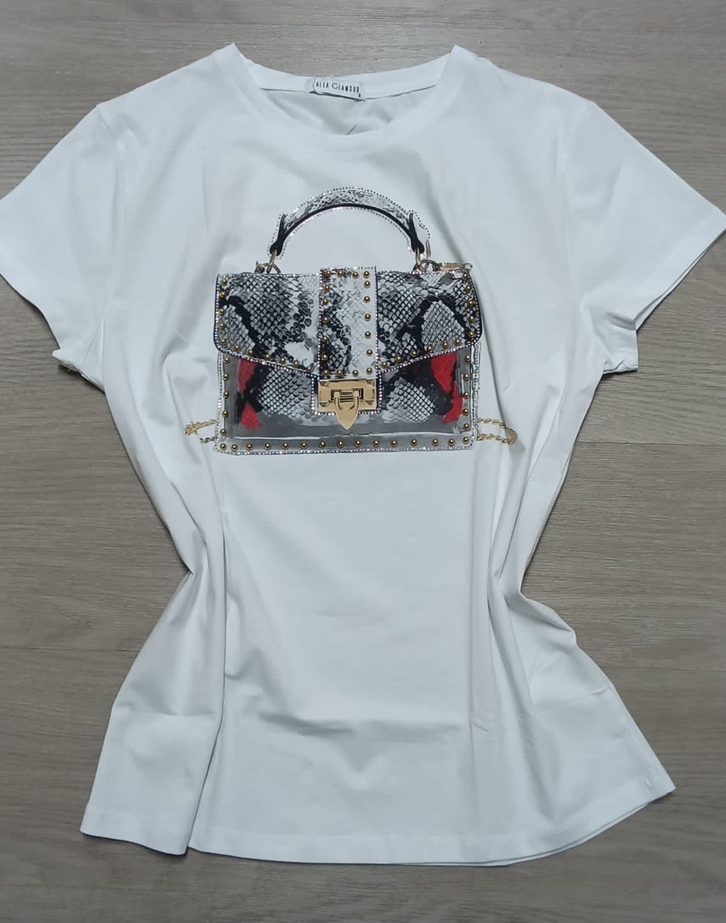 Camiseta "Luxury Bag" con Estampado Fotográfico y Relieve de Cristales