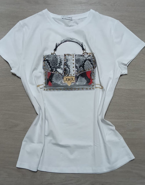 Camiseta "Luxury Bag" con Estampado Fotográfico y Relieve de Cristales