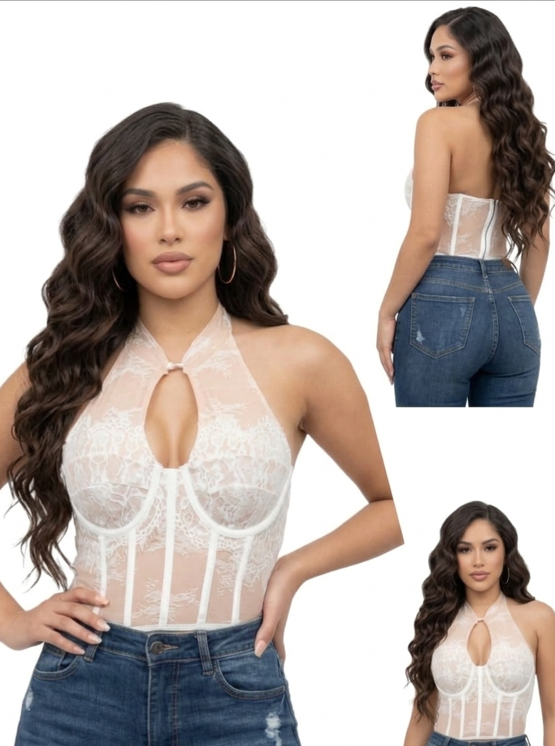 Corset de Encaje Floral con Cuello Halter y Varillas Estructurales