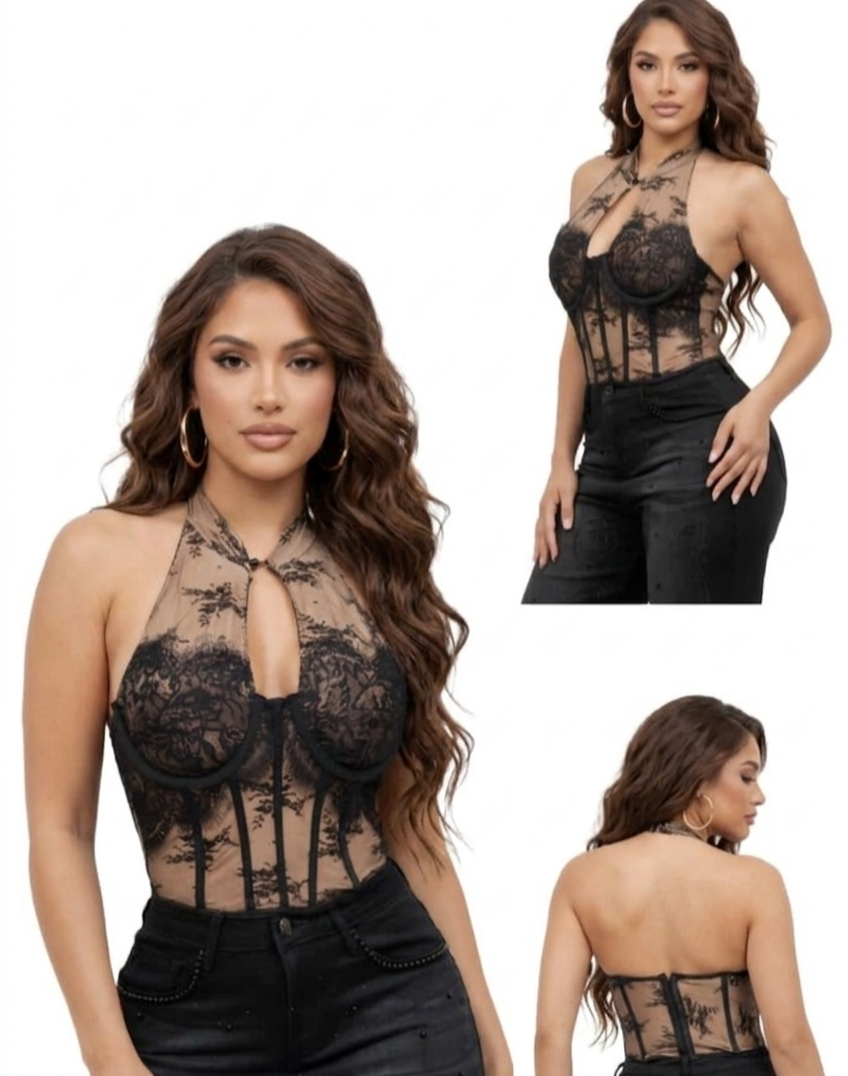 Corset de Encaje Floral con Cuello Halter y Varillas Estructurales