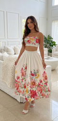 Conjunto de Dos Piezas "Amanecer Floral": Crop Top y Falda Midi de Lino