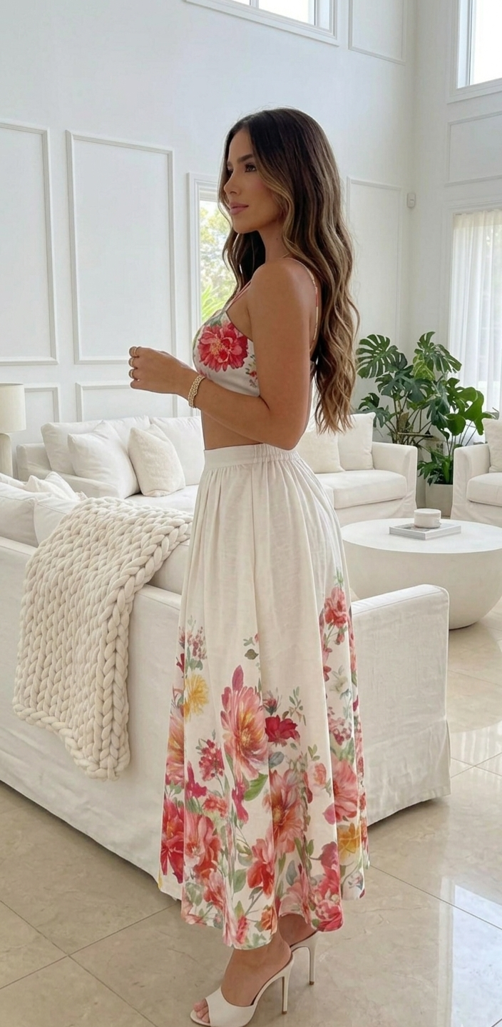 Conjunto de Dos Piezas "Amanecer Floral": Crop Top y Falda Midi de Lino