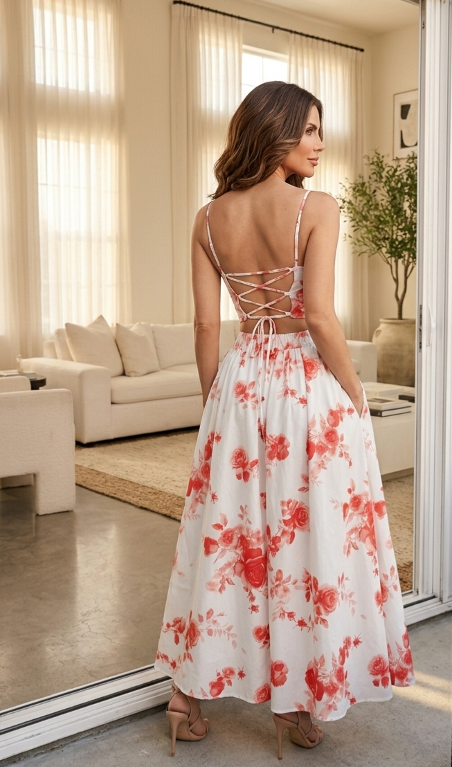 CONJUNTO "Romance Floral" – Crop Top Corsetero y Falda Maxi en Estampado de Rosas 🌹✨