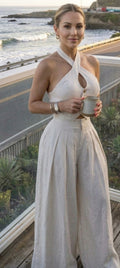 Conjunto de Lino Top Halter Cruzado y Pantalón Wide Leg – Off-White