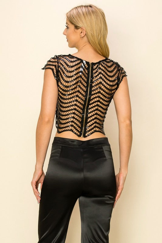 BLUSA  "Champagne Radiance" de Malla Calada con Lentejuelas