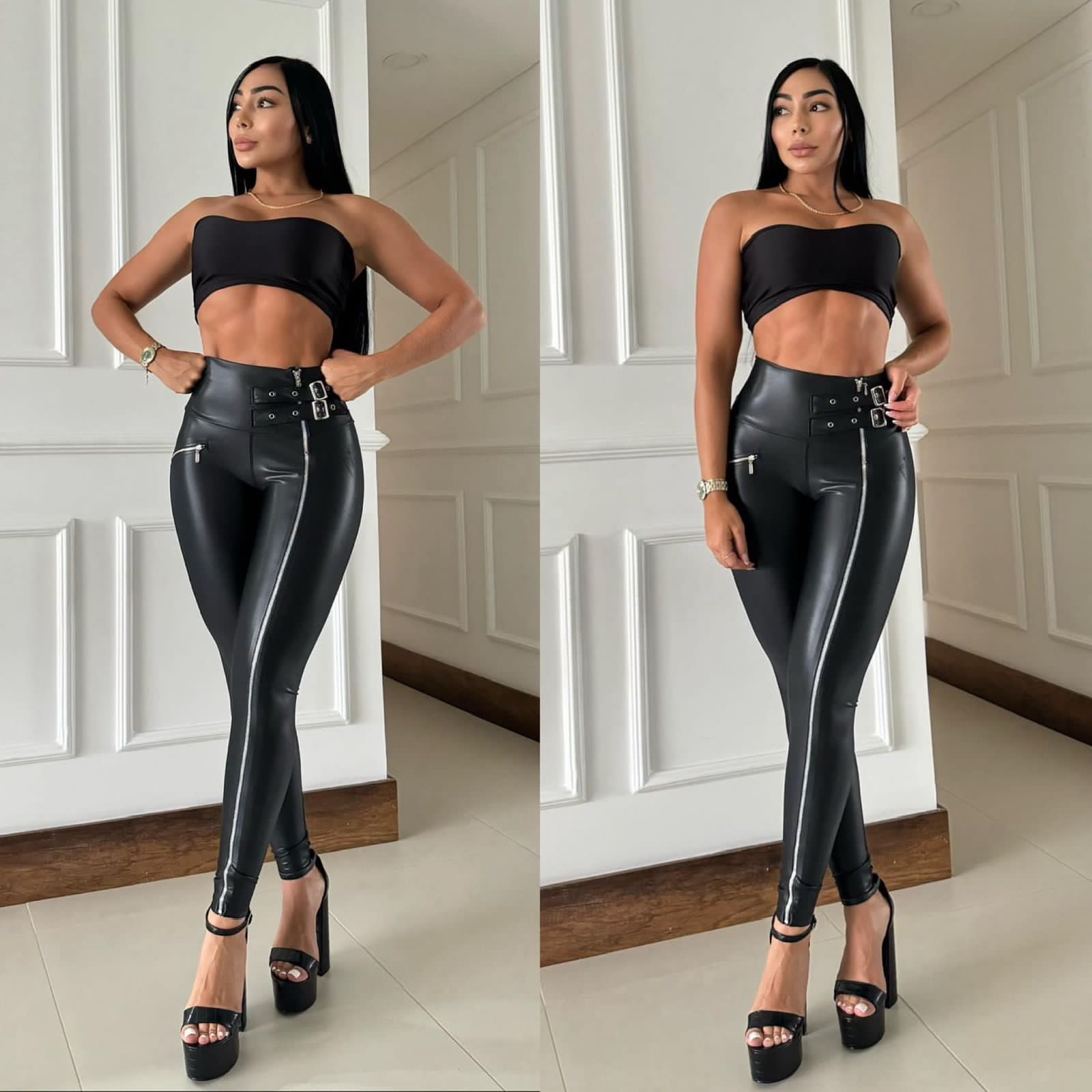 Pantalón Skinny Efecto Cuero con Cierre & Hebillas