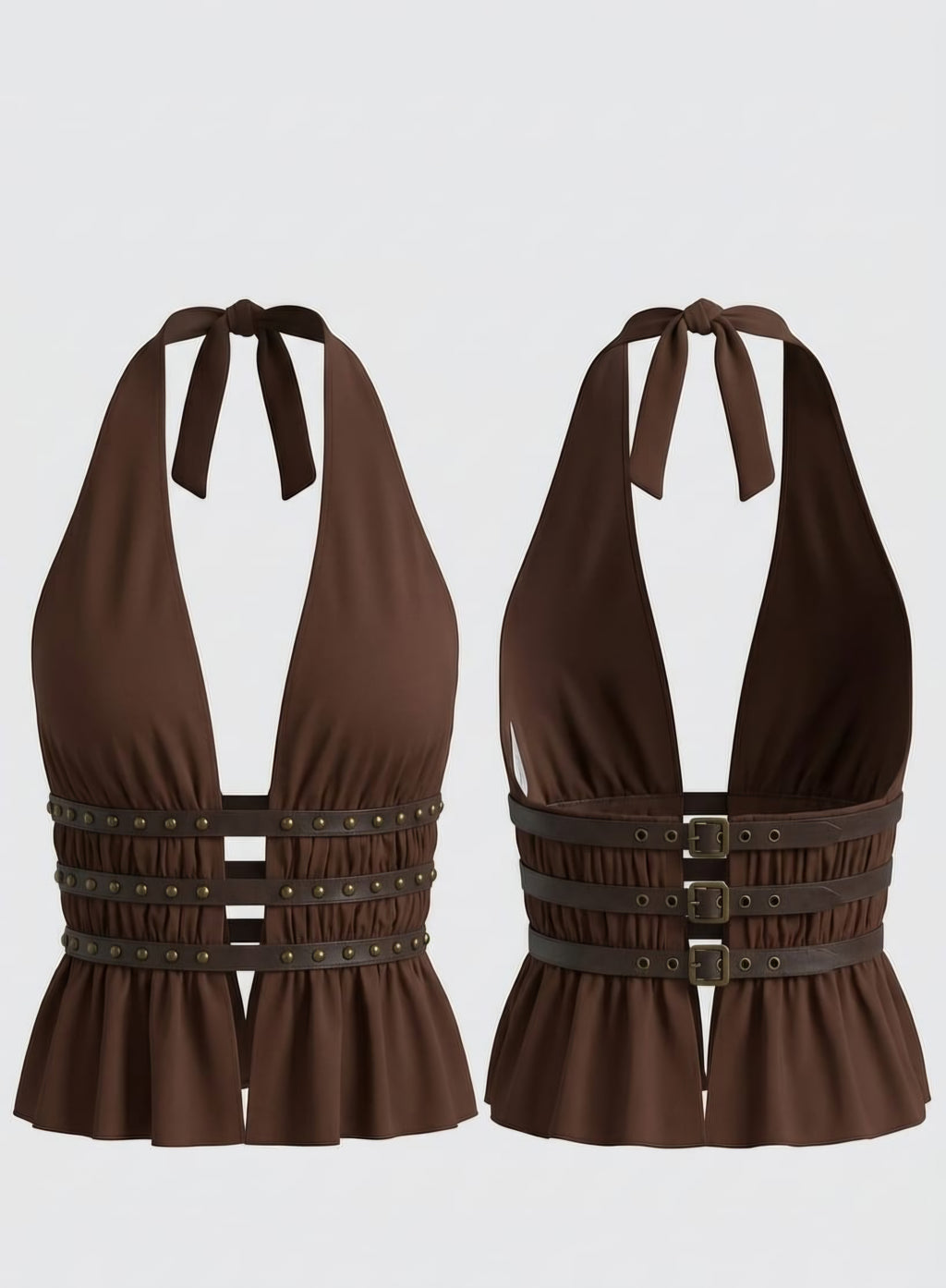 Top Halter "Rustic Earth" con Cinchas de Cuero y Tachuelas