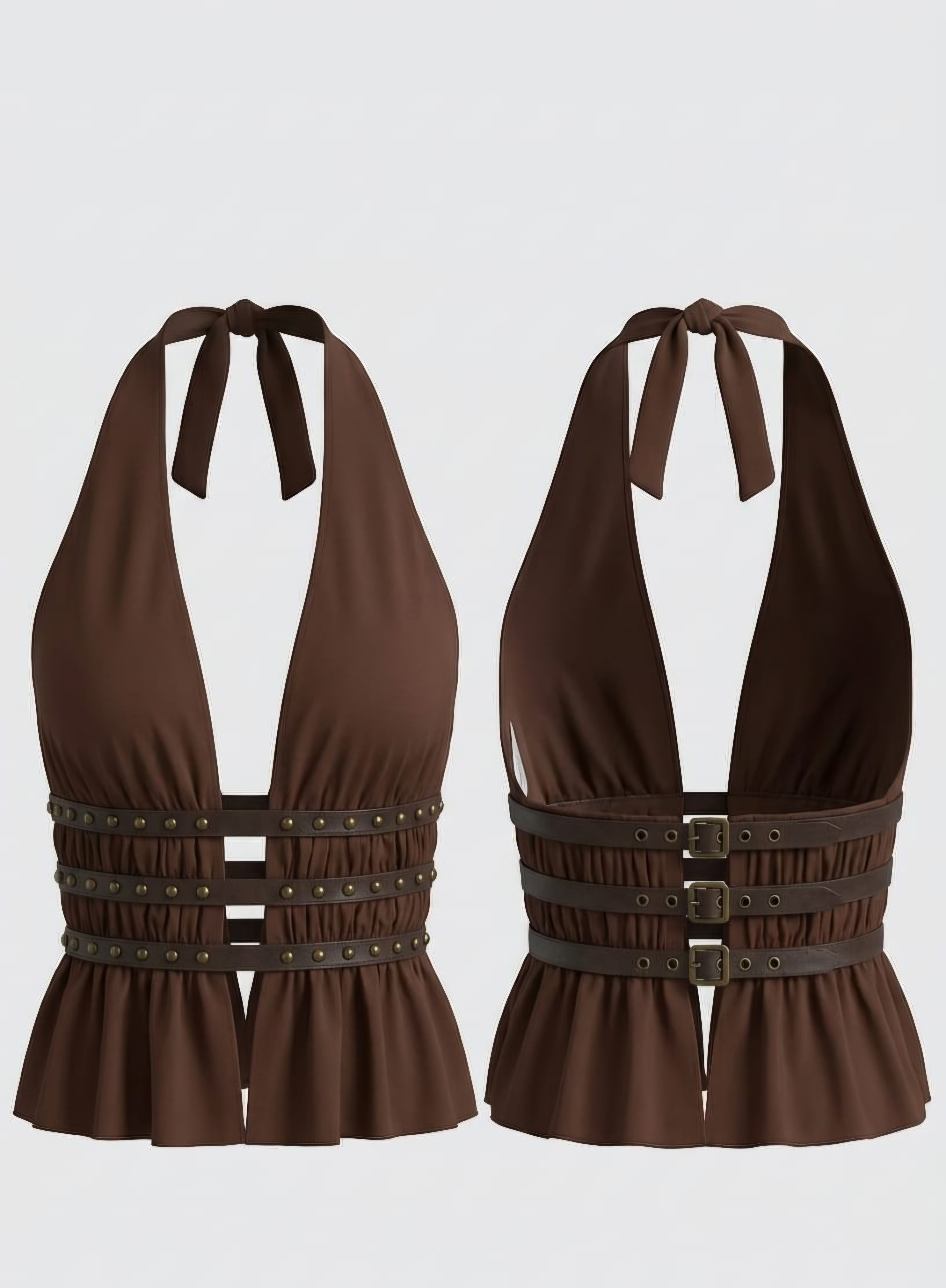 Top Halter "Rustic Earth" con Cinchas de Cuero y Tachuelas