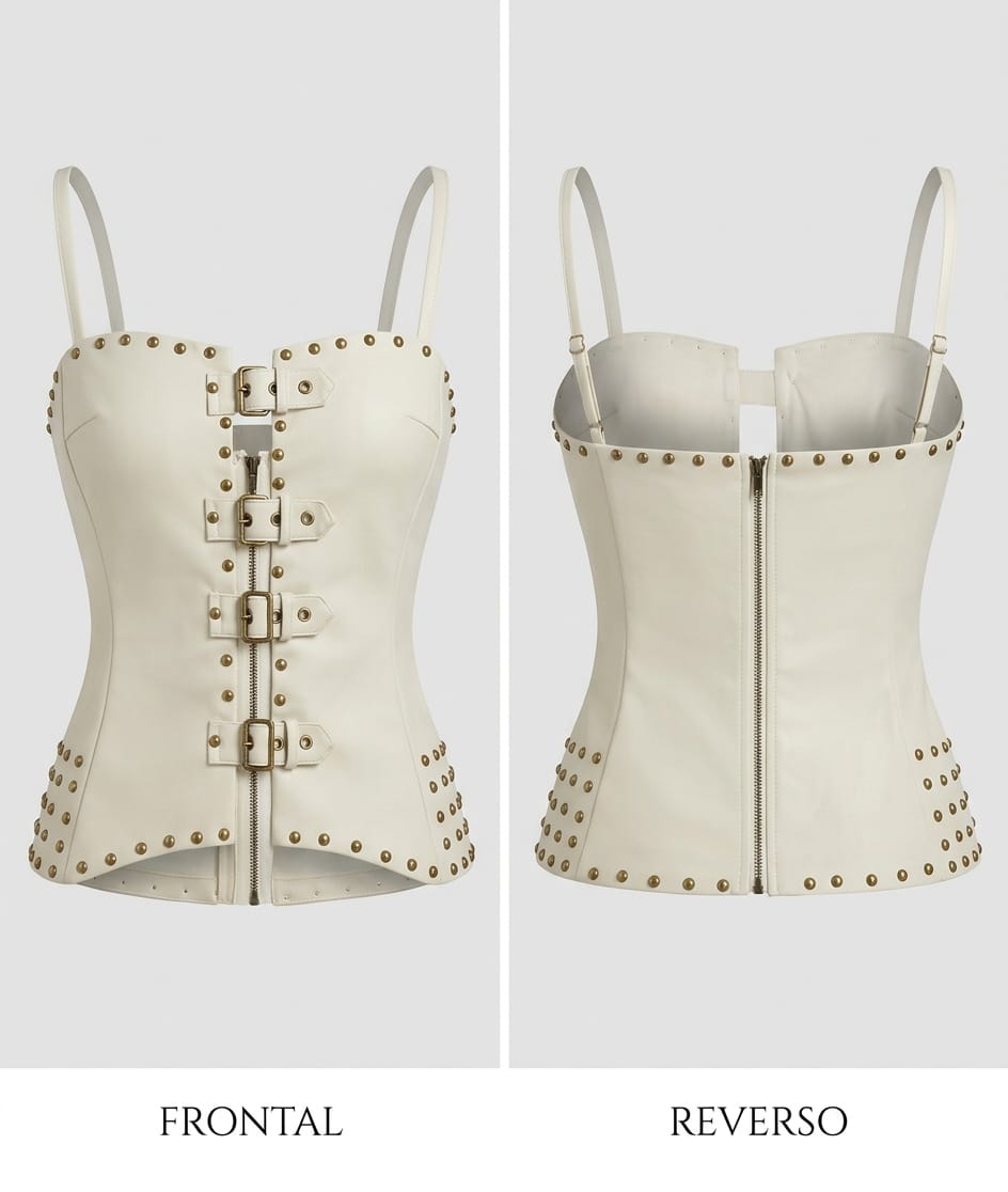 Top Corset "Ivory Rebel" en Ecopiel con Hebillas y Tachuelas