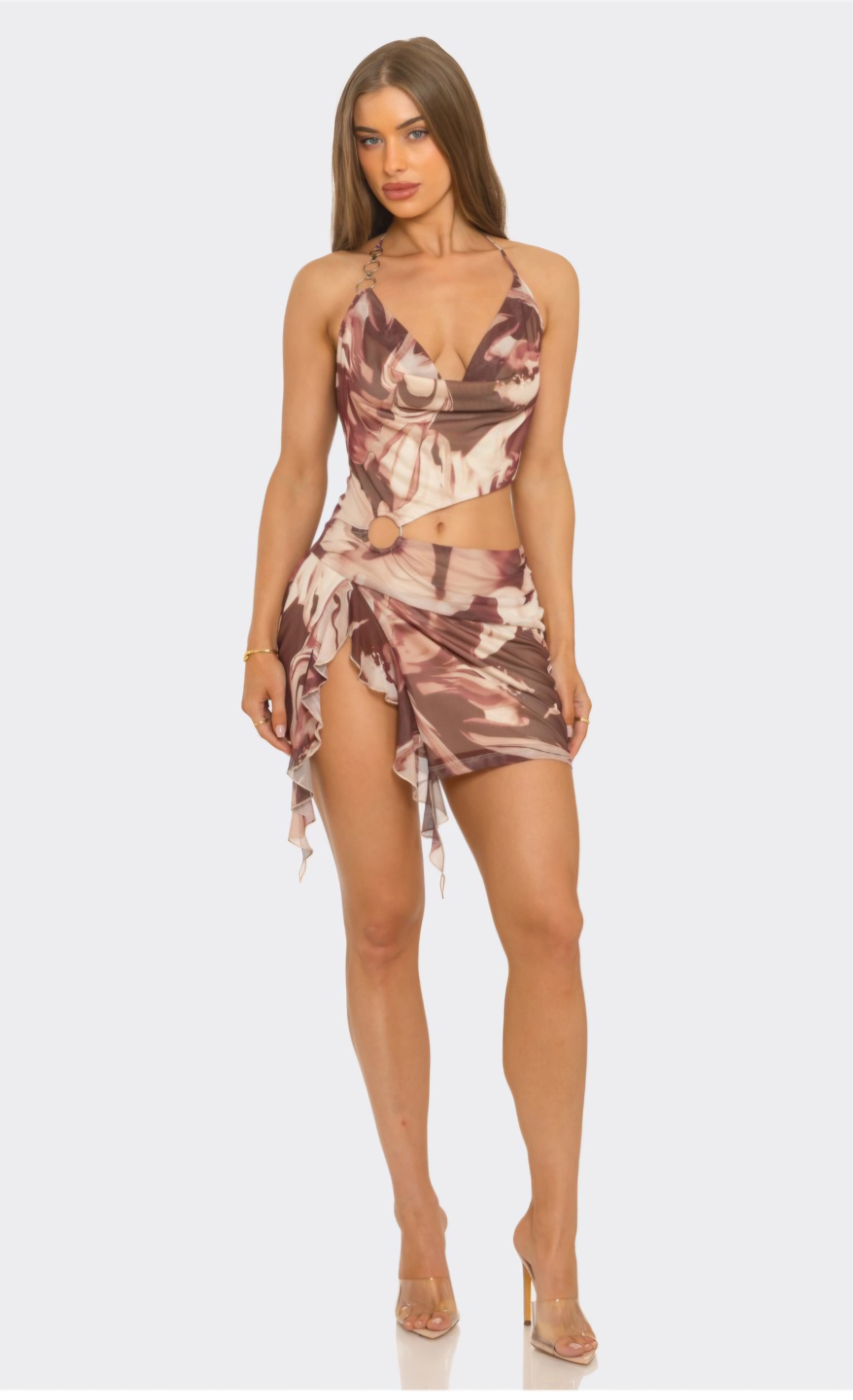 Vestido "Desert Rose" con Escote Cowl, Cut-Out Lateral y Detalle de Argolla