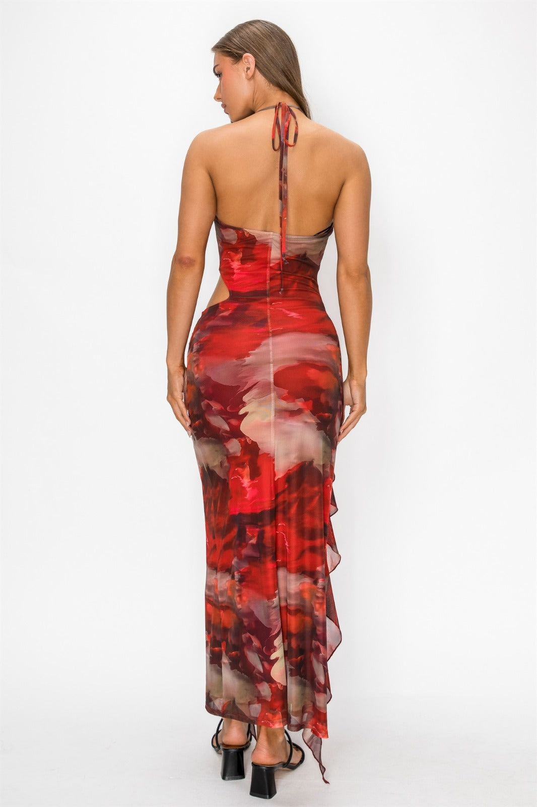 Vestido Midi "Gilded Floral" en Malla con Escote Cowl y Amarre al Cuello