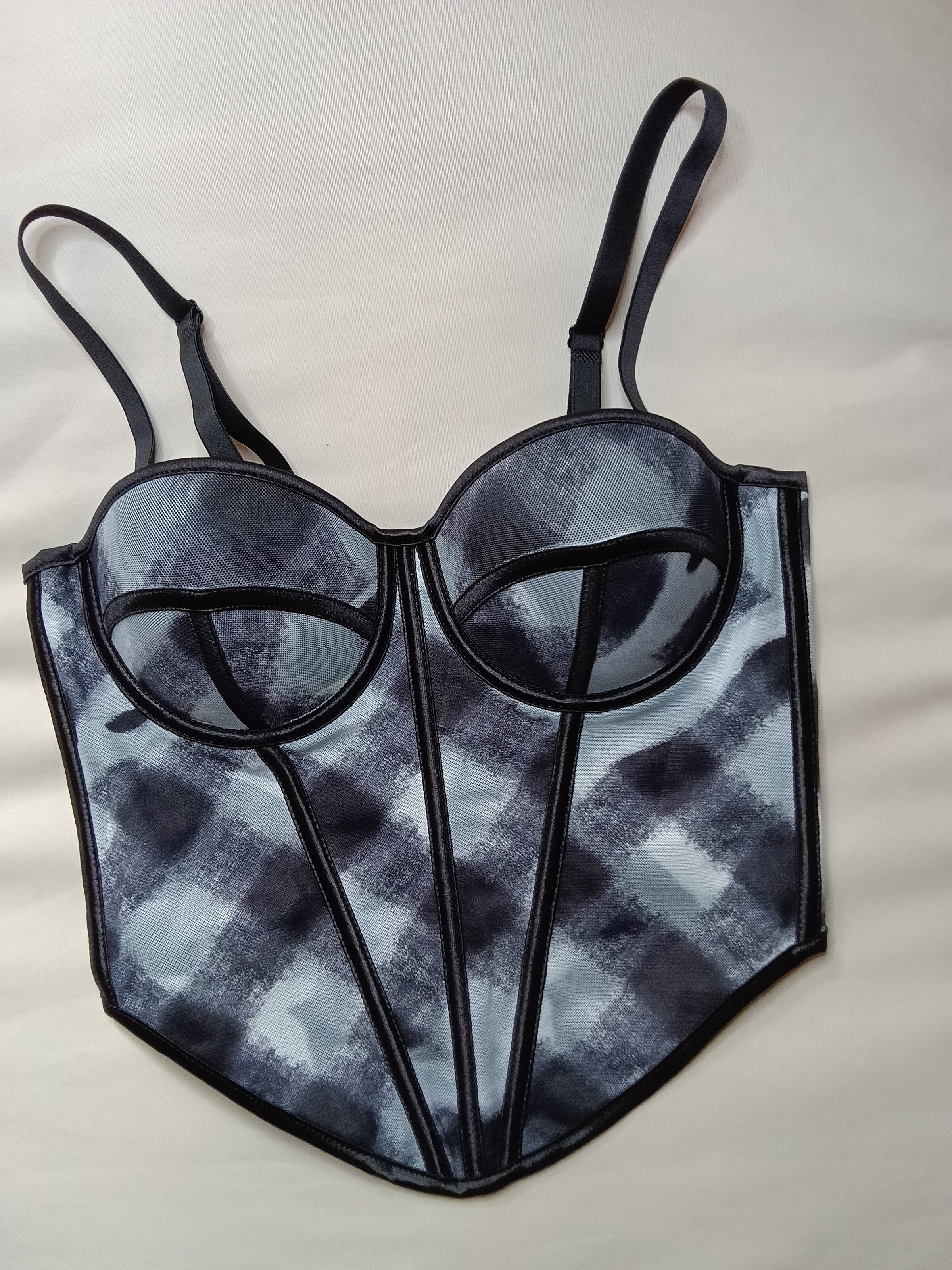 Top Corset "Grey Aura" con Estampado Difuminado y Varillas Contrastadas
