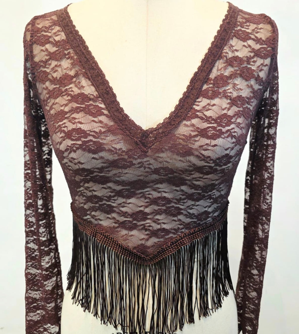 Blusa de Encaje de Manga Larga con Escote en V y Flecos