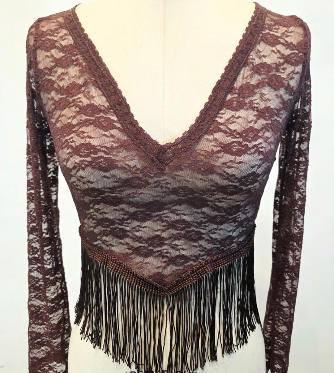Blusa de Encaje de Manga Larga con Escote en V y Flecos