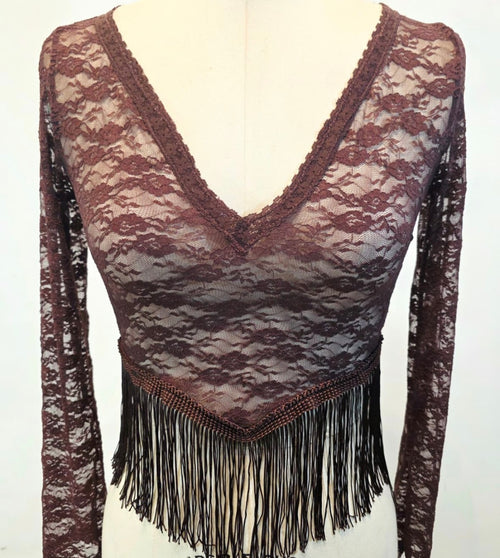 Blusa de Encaje de Manga Larga con Escote en V y Flecos
